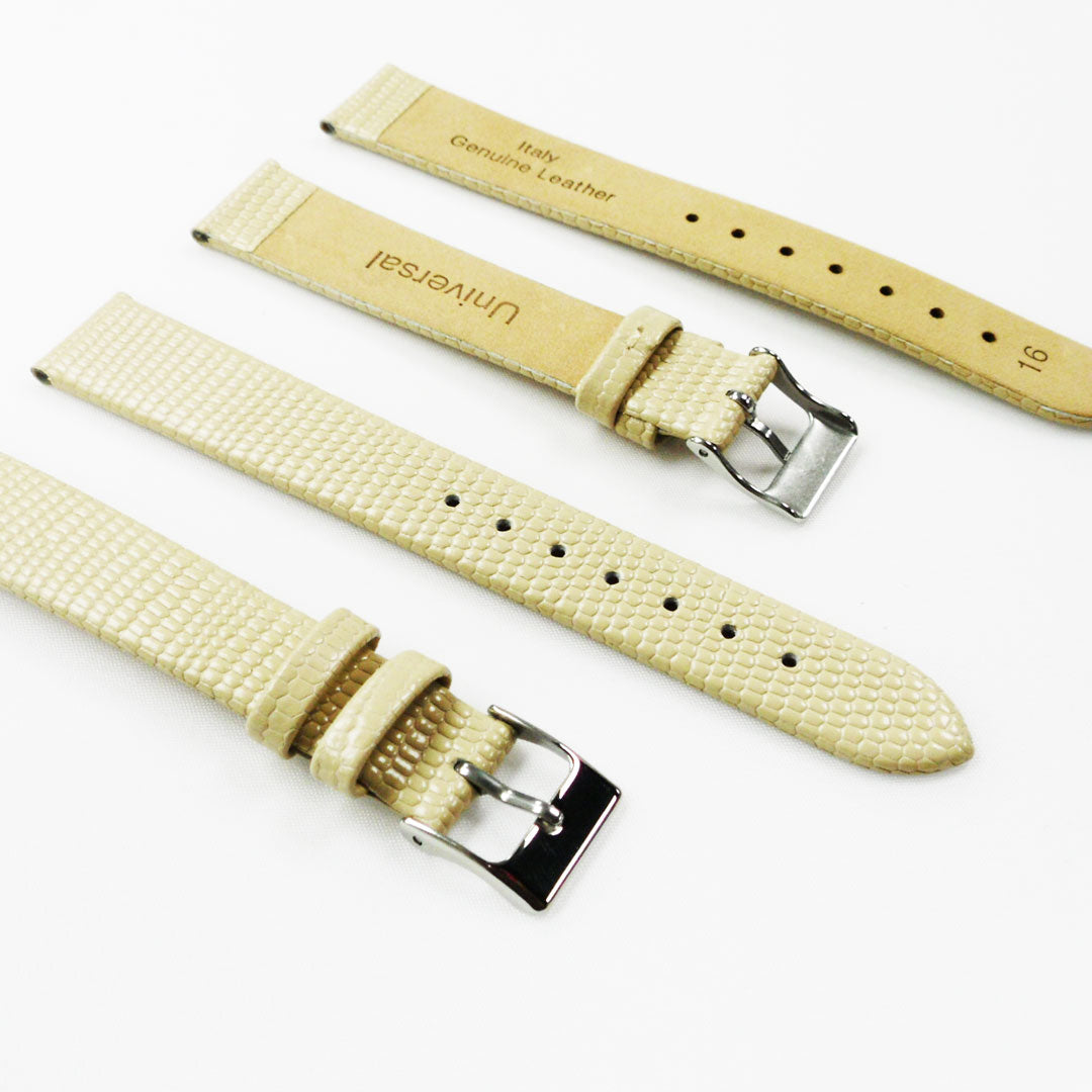 Lizard Watch Band, 16MM Wide Flat, Regular Size, Beige Color, Silver Buckle, Genuine Leather Strap Replacement