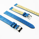 Lizard Watch Band, 16MM Wide Flat, Regular Size, Blue Color, Silver Buckle, Genuine Leather Strap Replacement