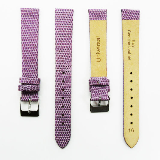 Lizard Watch Band, 16MM Wide Flat, Regular Size, Purple Color, Silver Buckle, Genuine Leather Strap Replacement