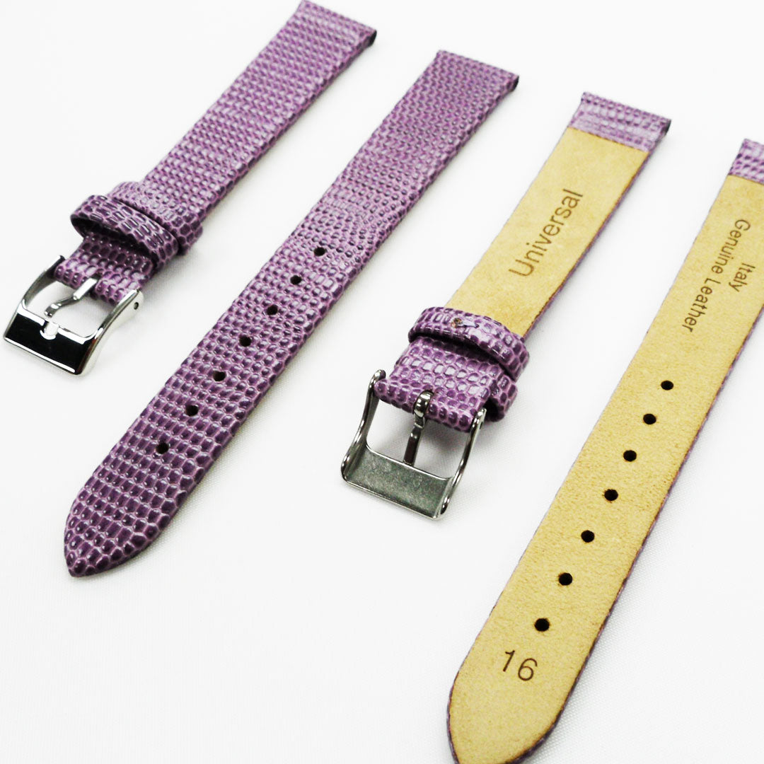 Lizard Watch Band, 16MM Wide Flat, Regular Size, Purple Color, Silver Buckle, Genuine Leather Strap Replacement