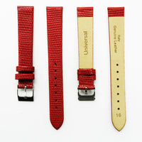 Lizard Watch Band, 16MM Wide Flat, Regular Size, Red Color, Silver Buckle, Genuine Leather Strap Replacement