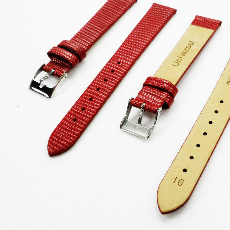 Load image into Gallery viewer, Lizard Watch Band, 16MM Wide Flat, Regular Size, Red Color, Silver Buckle, Genuine Leather Strap Replacement
