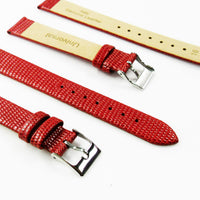 Lizard Watch Band, 16MM Wide Flat, Regular Size, Red Color, Silver Buckle, Genuine Leather Strap Replacement