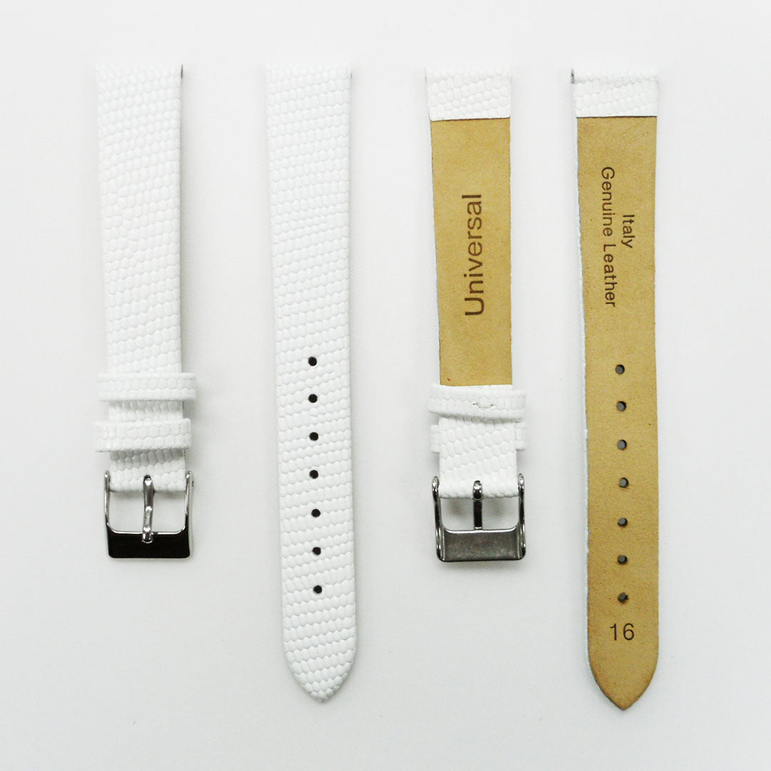 Lizard Watch Band, 16MM Wide Flat, Regular Size, White Color, Silver Buckle, Genuine Leather Strap Replacement