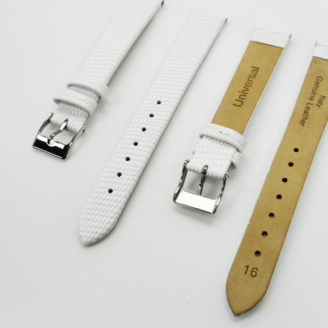 Lizard Watch Band, 16MM Wide Flat, Regular Size, White Color, Silver Buckle, Genuine Leather Strap Replacement