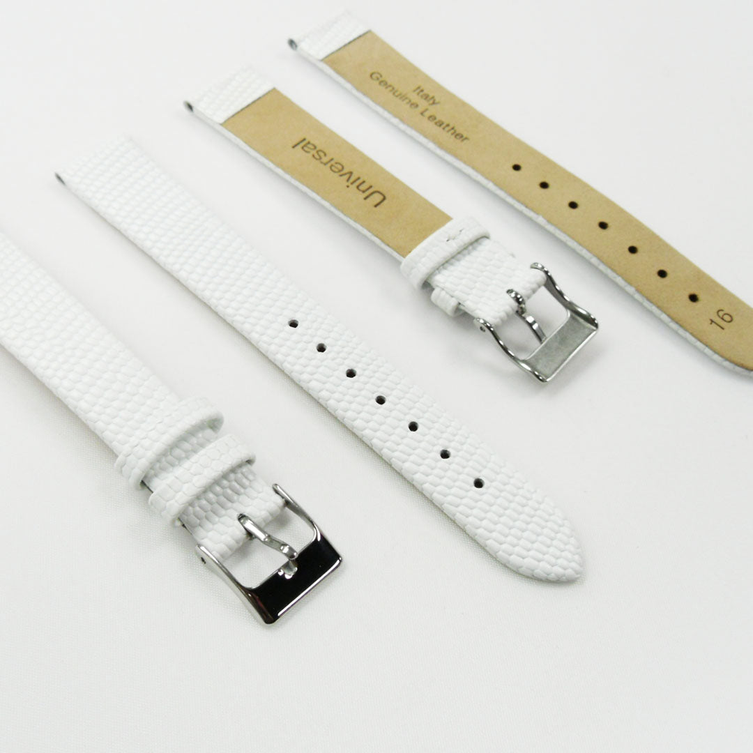 Lizard Watch Band, 16MM Wide Flat, Regular Size, White Color, Silver Buckle, Genuine Leather Strap Replacement
