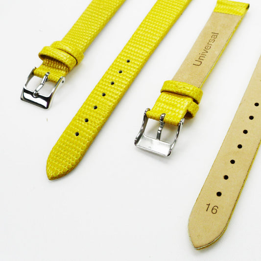 Lizard Watch Band, 16MM Wide Flat, Regular Size, Yellow Color, Silver Buckle, Genuine Leather Strap Replacement