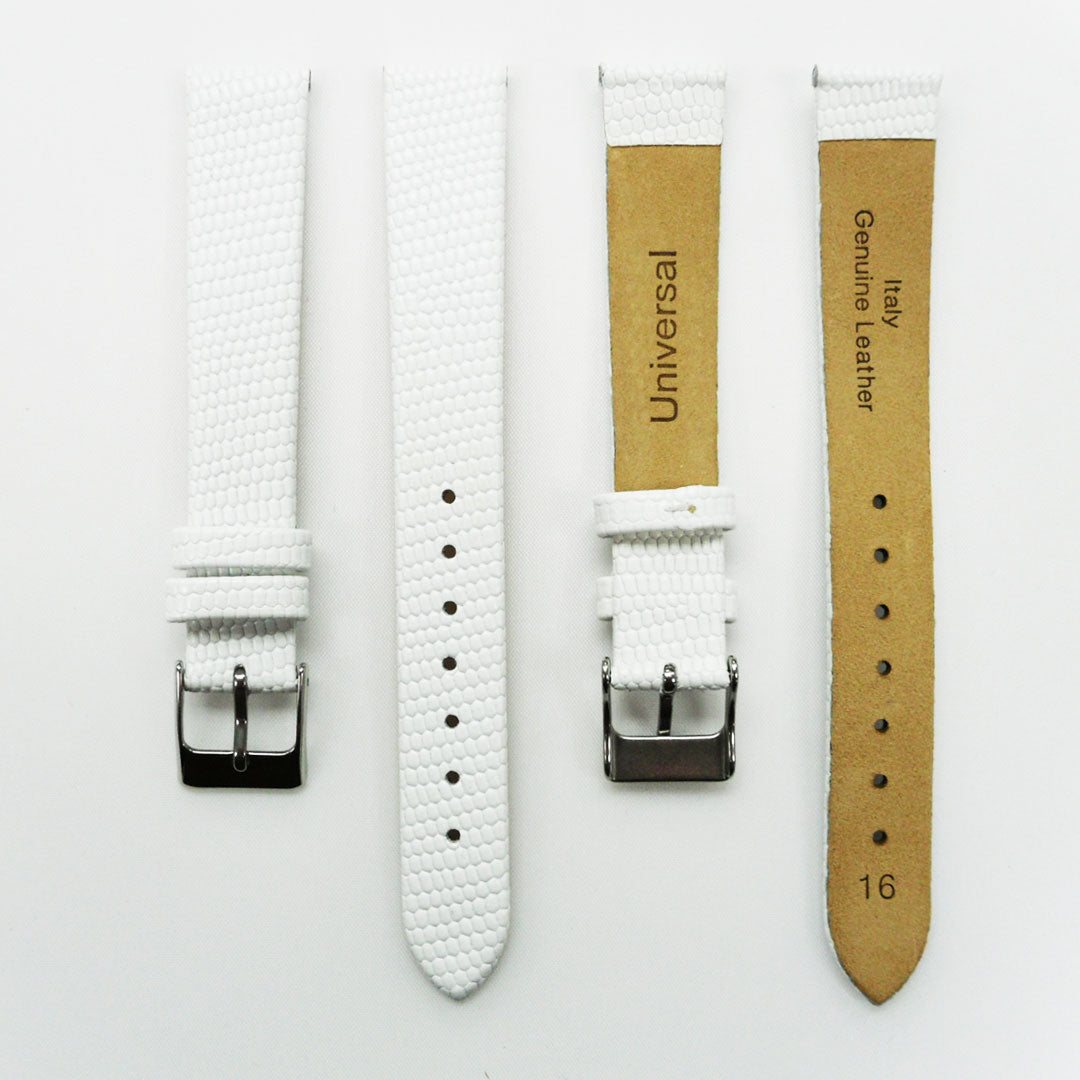 Lizard Watch Band, 16MM and 18MM Wide Flat, Regular Size, White Color, Silver Buckle, Genuine Leather Strap Replacement