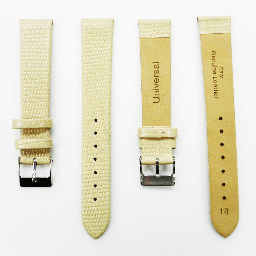 Lizard Watch Band, 18MM Wide Flat, Regular Size, Beige Color, Silver Buckle, Genuine Leather Strap Replacement
