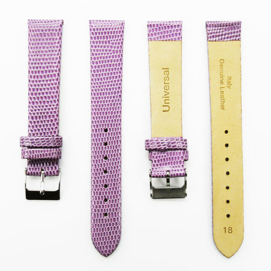 Lizard Watch Band, 18MM Wide Flat, Regular Size, Purple Color, Silver Buckle, Genuine Leather Strap Replacement
