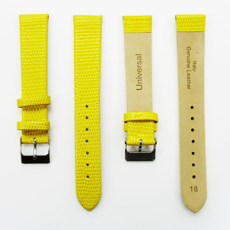 Load image into Gallery viewer, Lizard Watch Band, 18MM Wide Flat, Regular Size, Yellow Color, Silver Buckle, Genuine Leather Strap Replacement
