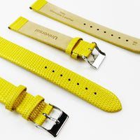 Lizard Watch Band, 18MM Wide Flat, Regular Size, Yellow Color, Silver Buckle, Genuine Leather Strap Replacement