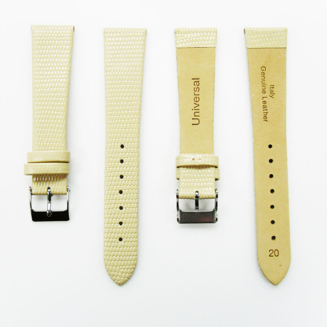 Lizard Watch Band, 20MM Wide Flat, Regular Size, Beige Color, Silver Buckle, Genuine Leather Strap Replacement