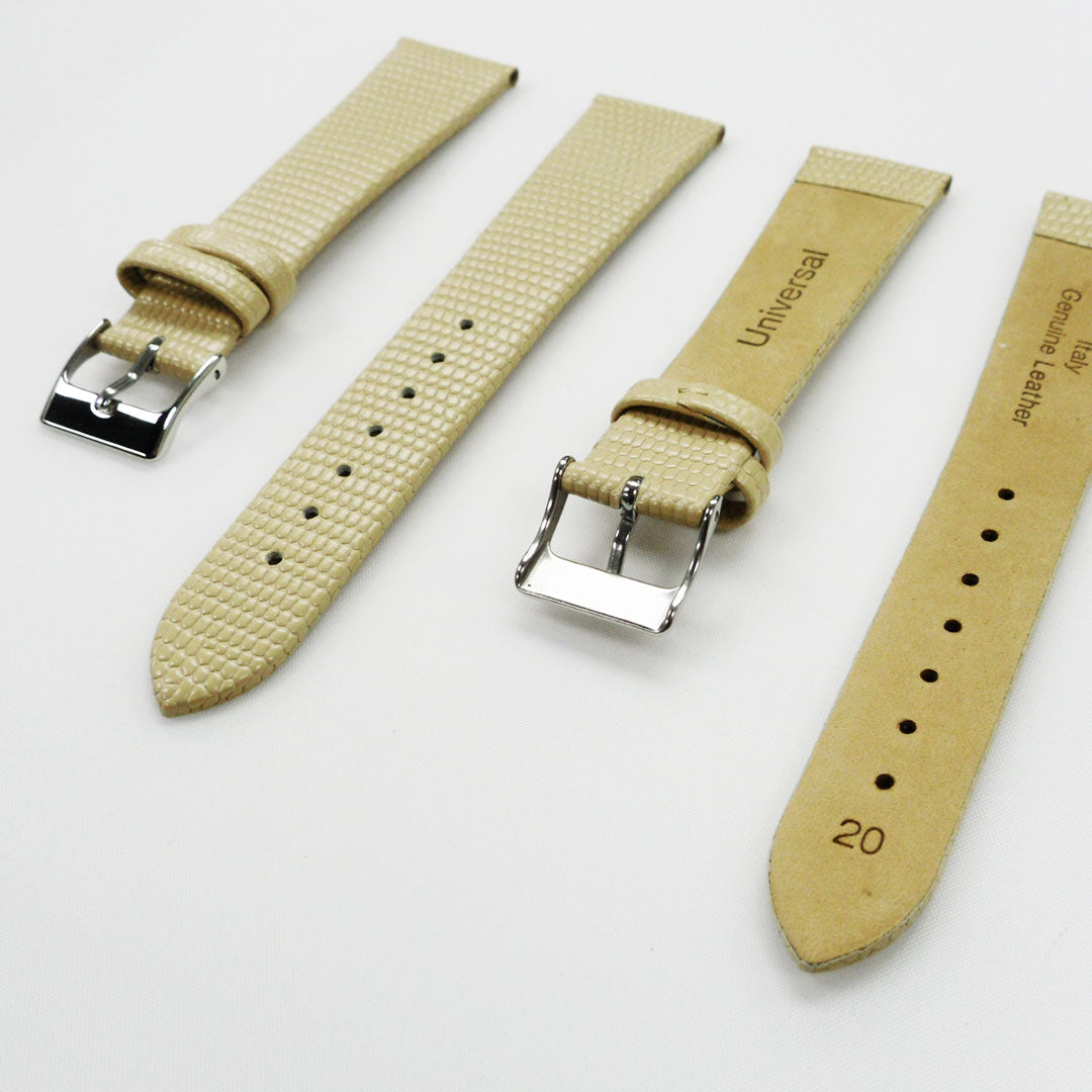 Lizard Watch Band, 20MM Wide Flat, Regular Size, Beige Color, Silver Buckle, Genuine Leather Strap Replacement