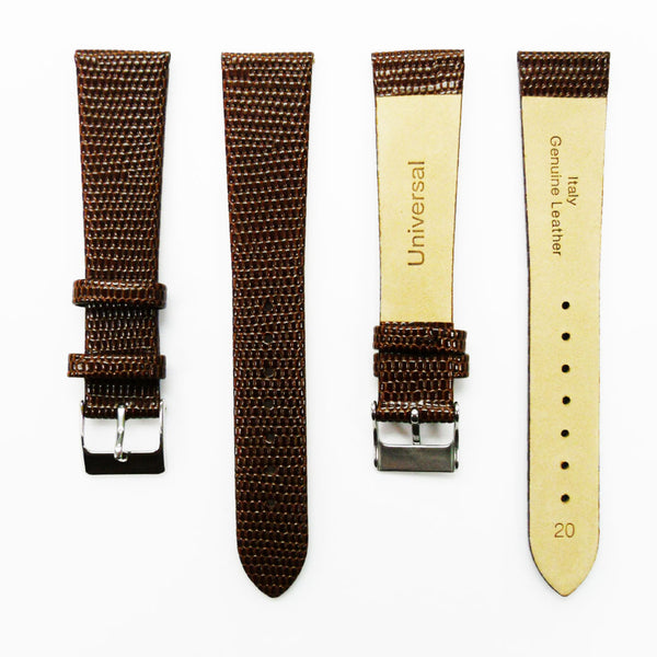 Lizard Watch Band, 20MM Wide Flat, Regular Size, Brown Color, Silver Buckle, Genuine Leather Strap Replacement