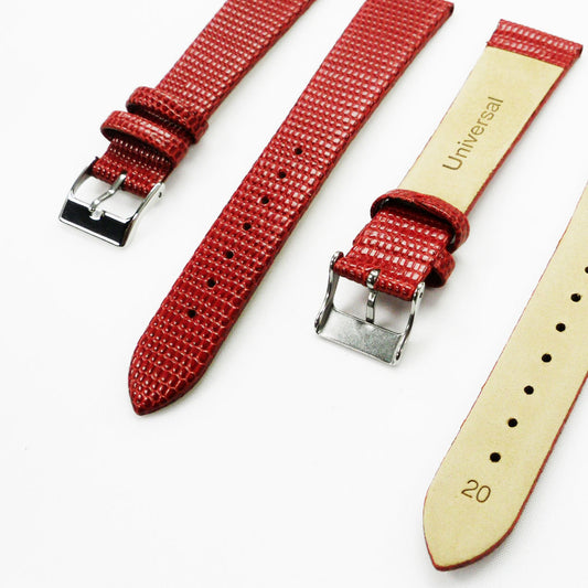 Lizard Watch Band, 20MM Wide Flat, Regular Size, Red Color, Silver Buckle, Genuine Leather Strap Replacement
