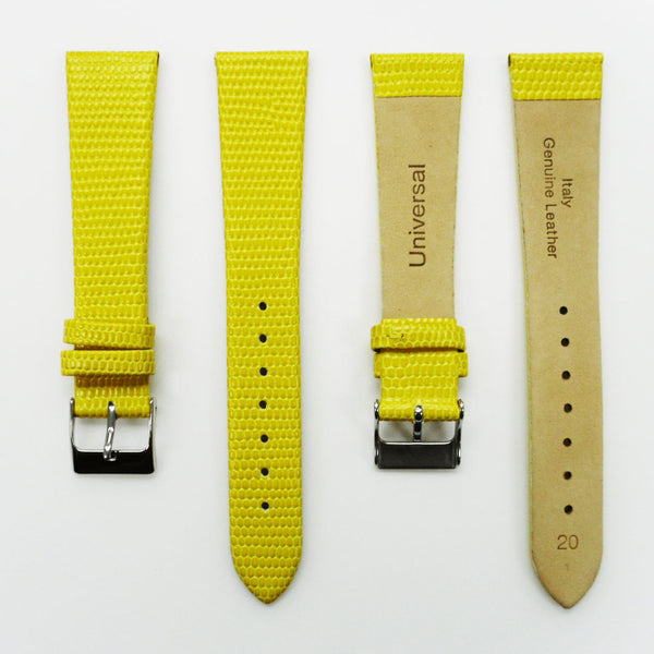 Lizard Watch Band, 20MM Wide Flat, Regular Size, Yellow Color, Silver Buckle, Genuine Leather Strap Replacement
