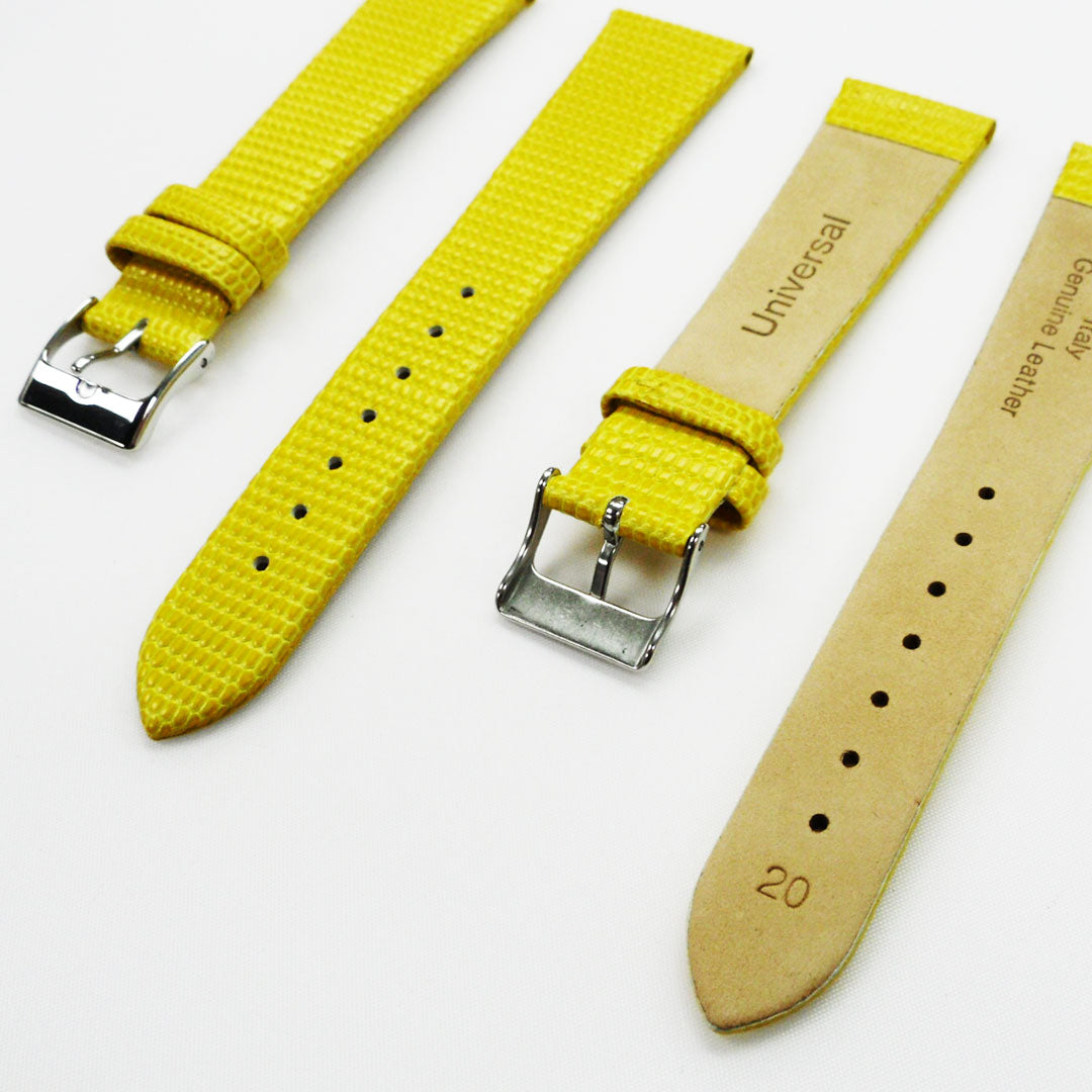 Lizard Watch Band, 20MM Wide Flat, Regular Size, Yellow Color, Silver Buckle, Genuine Leather Strap Replacement