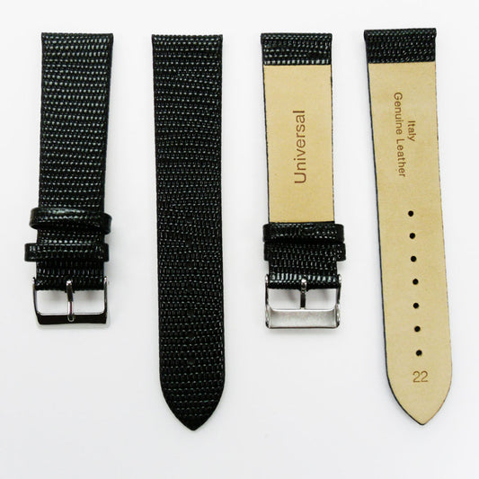 Lizard Watch Band, 22MM Wide Flat, Regular Size, Black Color, Silver Buckle, Genuine Leather Strap Replacement
