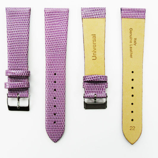 Lizard Watch Band, 22MM Wide Flat, Regular Size, Purple Color, Silver Buckle, Genuine Leather Strap Replacement