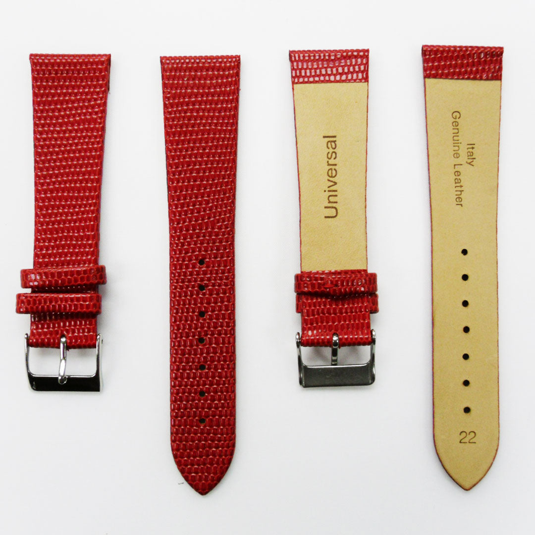 Lizard Watch Band, 22MM Wide Flat, Regular Size, Red Color, Silver Buckle, Genuine Leather Strap Replacement