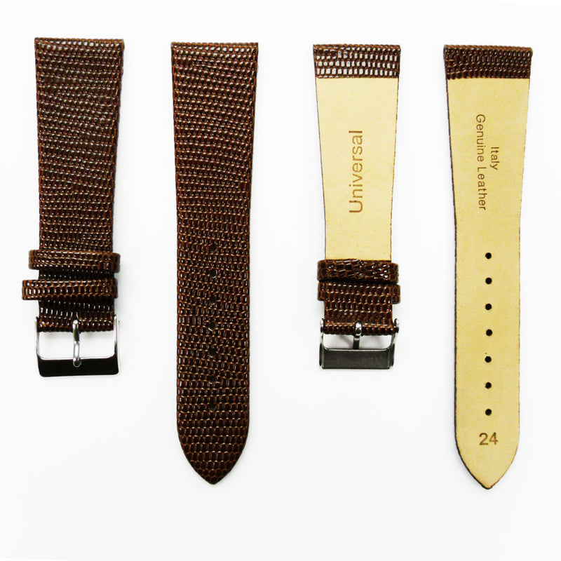 Load image into Gallery viewer, Lizard Watch Band, 24MM Wide Flat, Regular Size, Brown Color, Silver Buckle, Genuine Leather Strap Replacement
