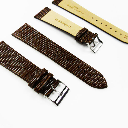 Lizard Watch Band, 24MM Wide Flat, Regular Size, Brown Color, Silver Buckle, Genuine Leather Strap Replacement