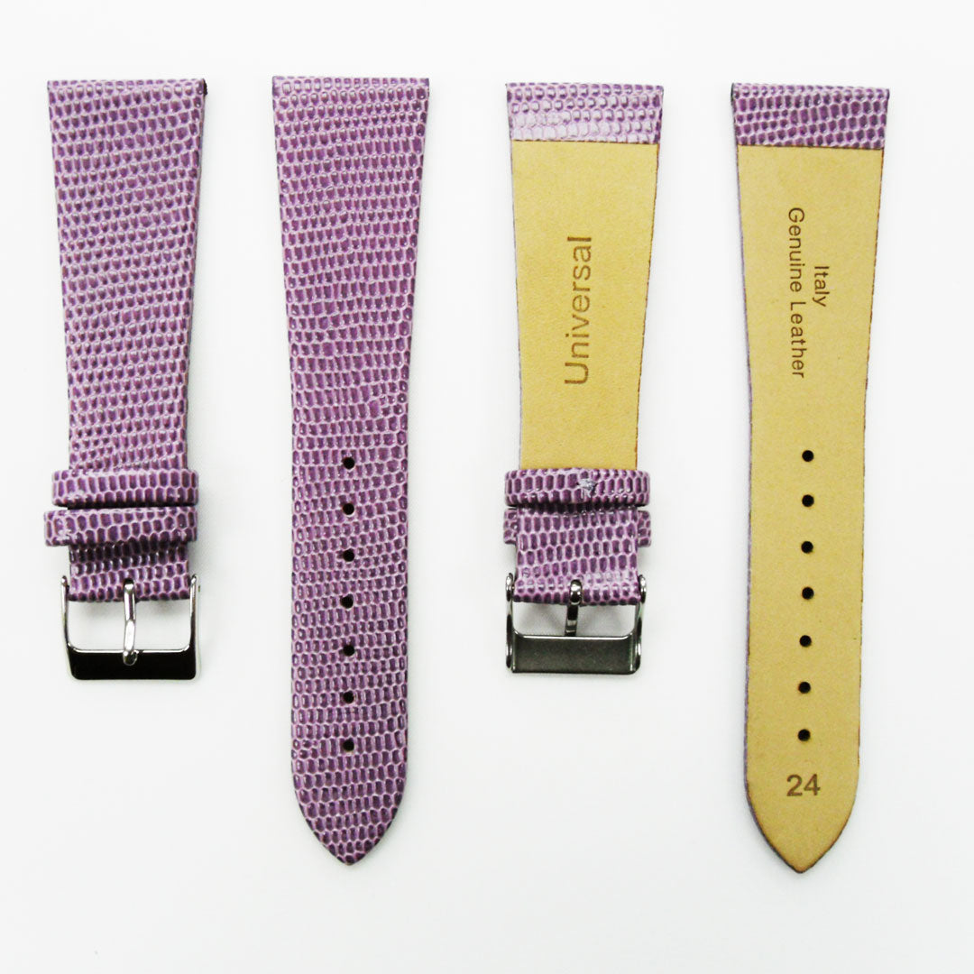 Lizard Watch Band, 24MM Wide Flat, Regular Size, Purple Color, Silver Buckle, Genuine Leather Strap Replacement