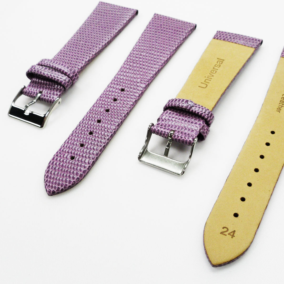 Lizard Watch Band, 24MM Wide Flat, Regular Size, Purple Color, Silver Buckle, Genuine Leather Strap Replacement