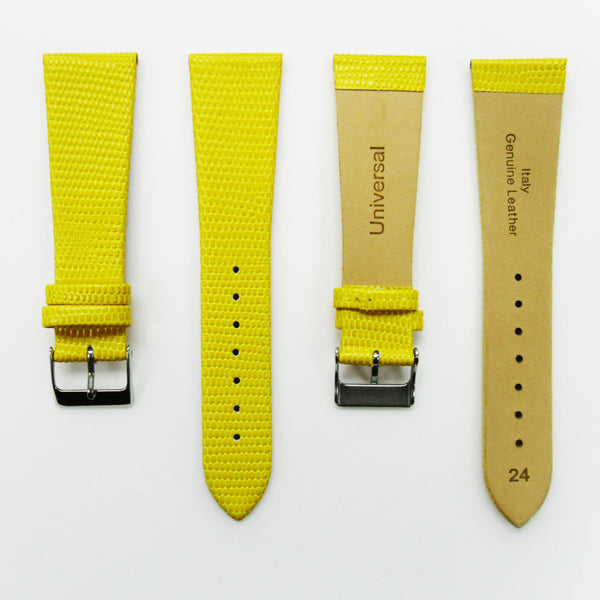 Lizard Watch Band, 24MM Wide Flat, Regular Size, Yellow Color, Silver Buckle, Genuine Leather Strap Replacement