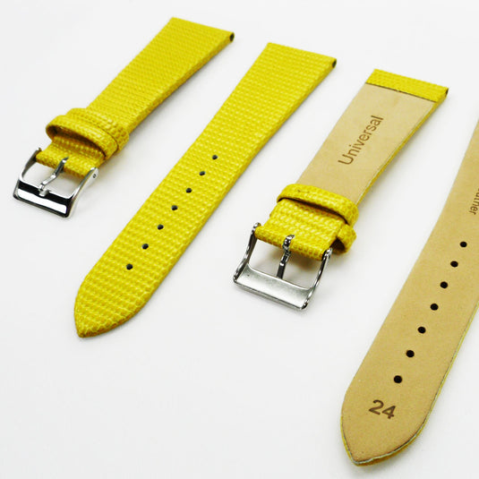 Lizard Watch Band, 24MM Wide Flat, Regular Size, Yellow Color, Silver Buckle, Genuine Leather Strap Replacement