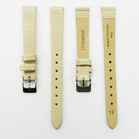 Lizard Style, Ladies Watch Band, 12MM Wide Flat, Regular Size, White Color, Silver Buckle, Genuine Leather Strap Replacement