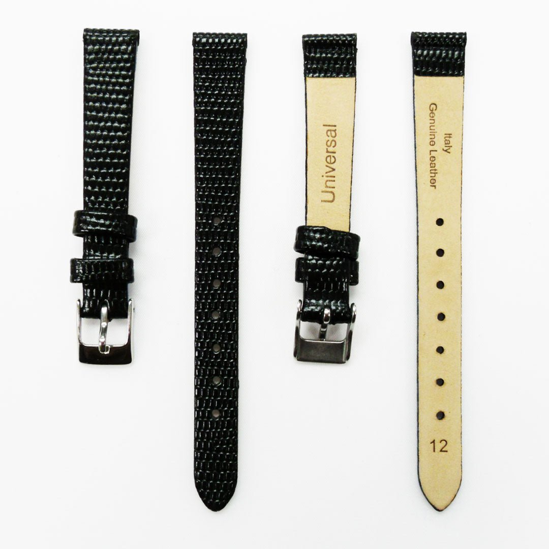 Lizard Style, Ladies Watch Band, 12MM Wide Flat, Regular Size, Blue Color, Silver Buckle, Genuine Leather Strap Replacement - Universal Jewelers & Watch Tools Inc.