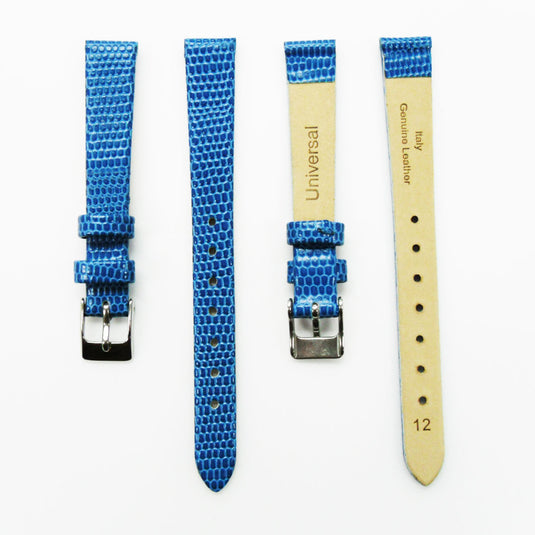 Lizard Style, Ladies Watch Band, 12MM Wide Flat, Regular Size, Purple Color, Silver Buckle, Genuine Leather Strap Replacement