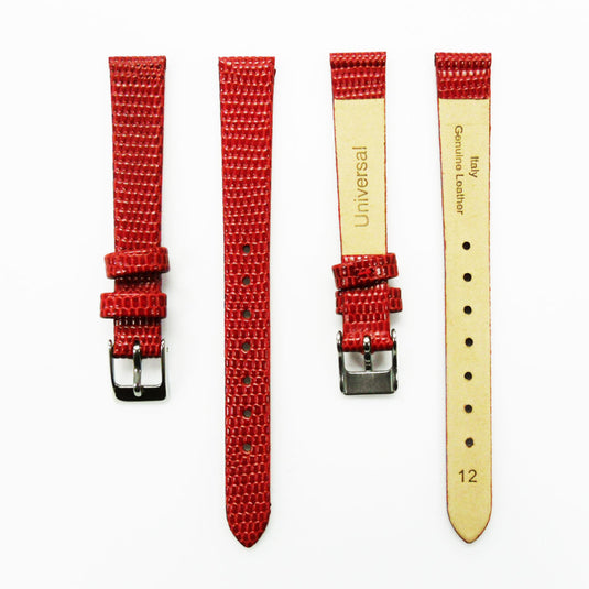 Lizard Style, Ladies Watch Band, 12MM Wide Flat, Regular Size, Purple Color, Silver Buckle, Genuine Leather Strap Replacement