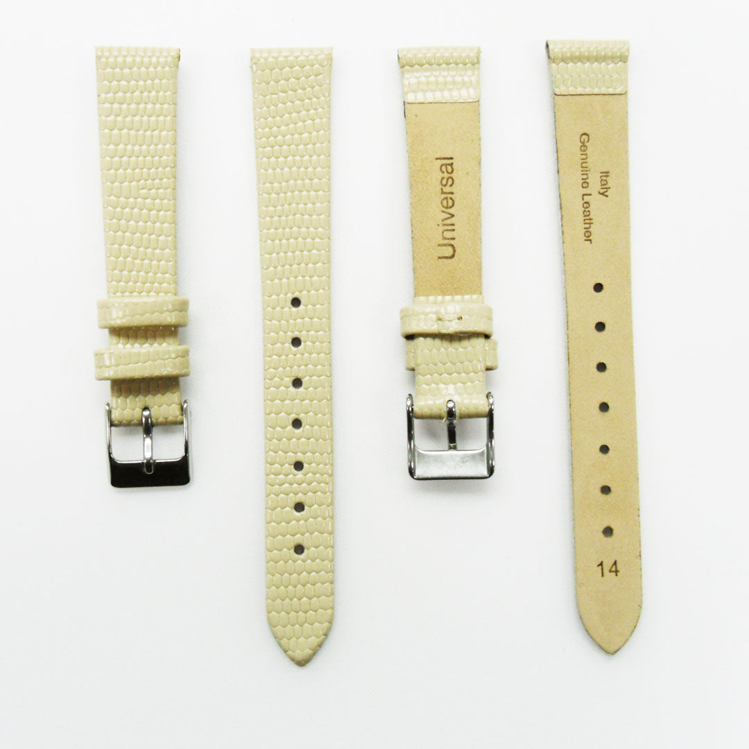 Lizard Style, Ladies Watch Band, 14MM Wide Flat, Regular Size, Yellow Color, Silver Buckle, Genuine Leather Strap Replacement