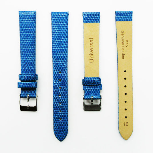 Lizard Watch Band, 16MM Wide Flat, Regular Size, Red Color, Silver Buckle, Genuine Leather Strap Replacement