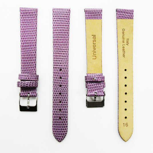 Lizard Watch Band, 16MM Wide Flat, Regular Size, Red Color, Silver Buckle, Genuine Leather Strap Replacement