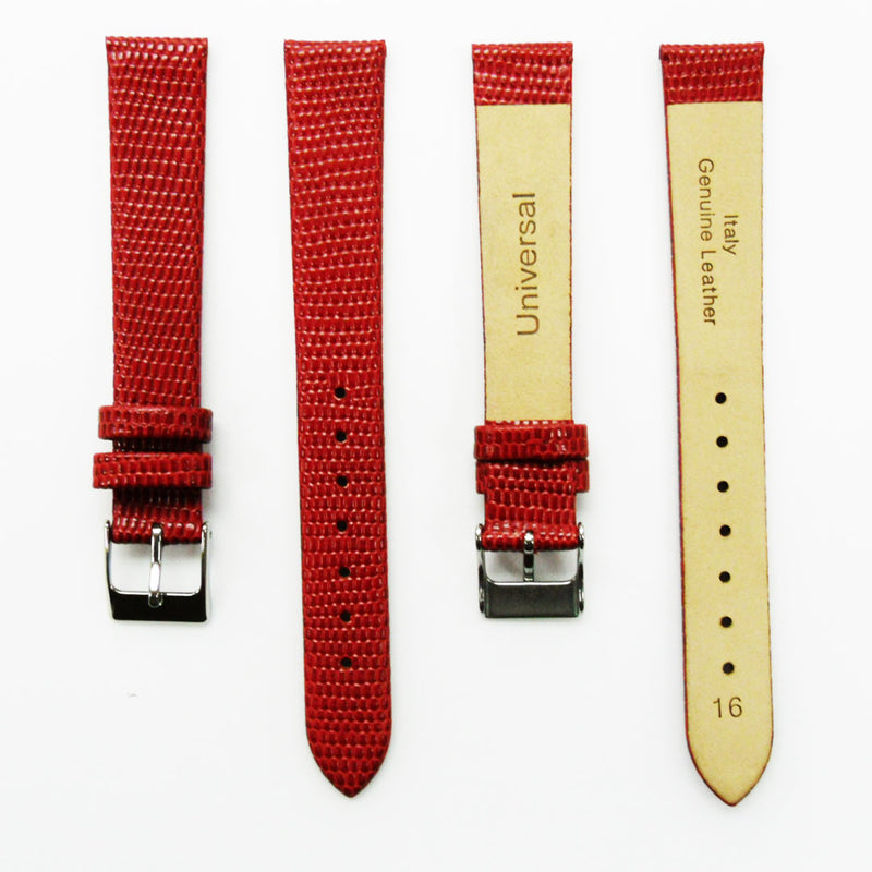 Load image into Gallery viewer, Lizard Watch Band, 16MM Wide Flat, Regular Size, Red Color, Silver Buckle, Genuine Leather Strap Replacement
