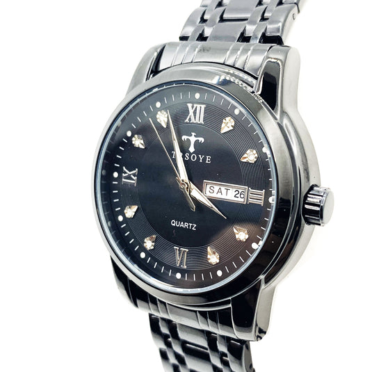 Luxury Black Dial Day and Date Men's Stainless Steel Black Dress Watch