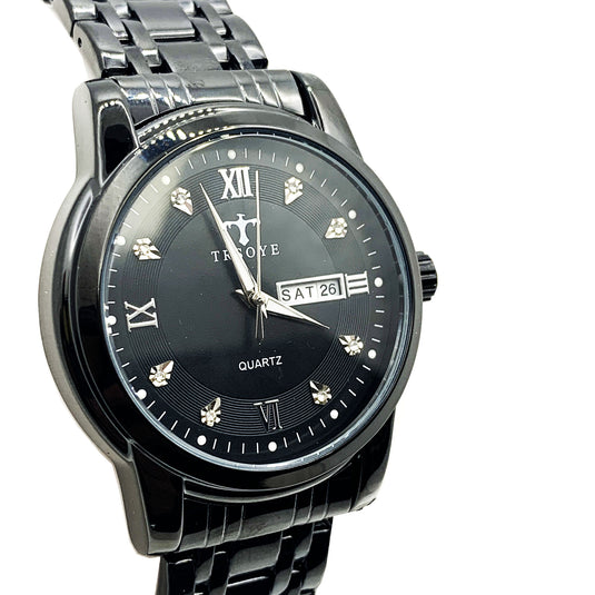 Luxury Black Dial Day and Date Men's Stainless Steel Black Dress Watch