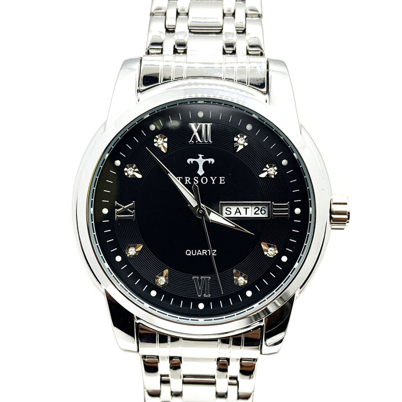 Load image into Gallery viewer, Luxury Black Dial Day and Date Men&#39;s Stainless Steel Silver Dress Watch
