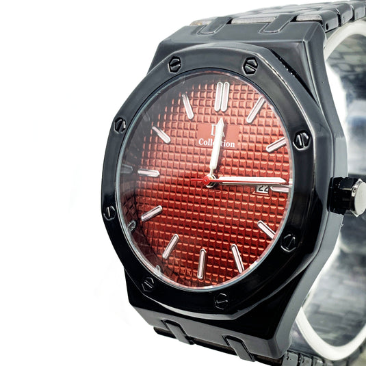 Men's Fashion Watch Black Case Red Dial with Date Luxury Quartz
