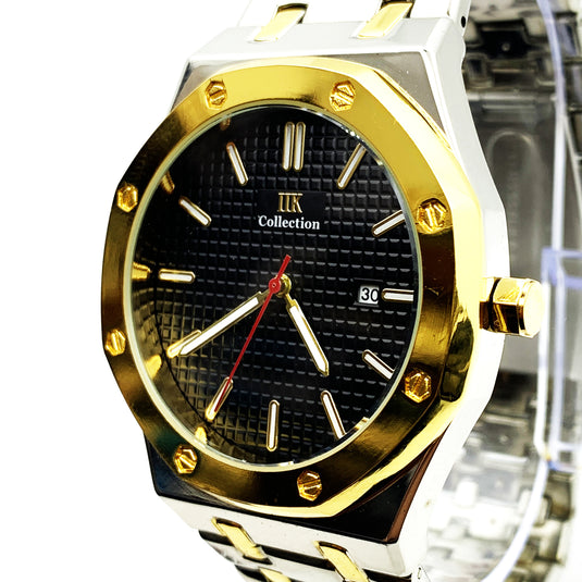 Men's Fashion Watch Yellow Golden Case Black Dial with Date Luxury Quartz