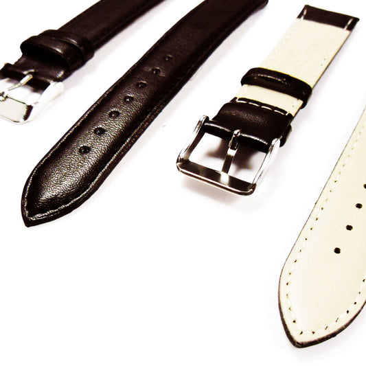 Genuine Leather Watch Band, Black Padded, Plain, Black Stitches, 20MM, Regular Size, Stainless Steel Silver Buckle