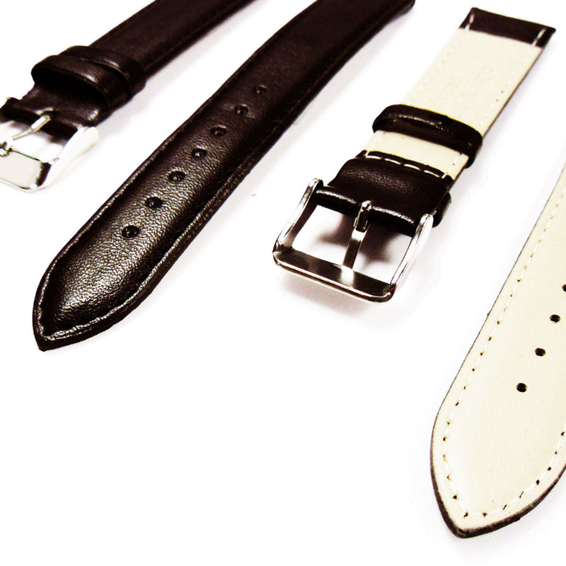 Load image into Gallery viewer, Genuine Leather Watch Band, Black Padded, Plain, Black Stitches, 20MM, Regular Size, Stainless Steel Silver Buckle
