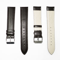 Genuine Leather Watch Band, Black Padded, Plain, Black Stitches, 20MM, Regular Size, Stainless Steel Silver Buckle