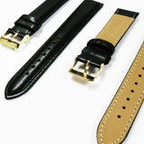 Genuine Leather Watch Band, Black Padded, Plain, Black Stitches, 20MM, Regular Size, Stainless Steel Golden Buckle