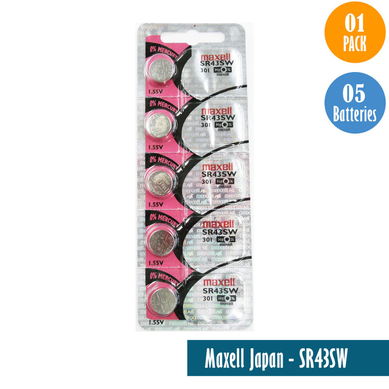 Load image into Gallery viewer, Maxell-Japan - SR43SW (301) Watch Batteries Single Pack of 5 Batteries - Universal Jewelers &amp; Watch Tools Inc. 
