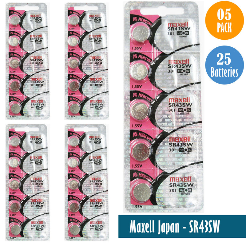 Load image into Gallery viewer, Maxell-Japan - SR43SW (301) Watch Batteries Single Pack of 5 Batteries
